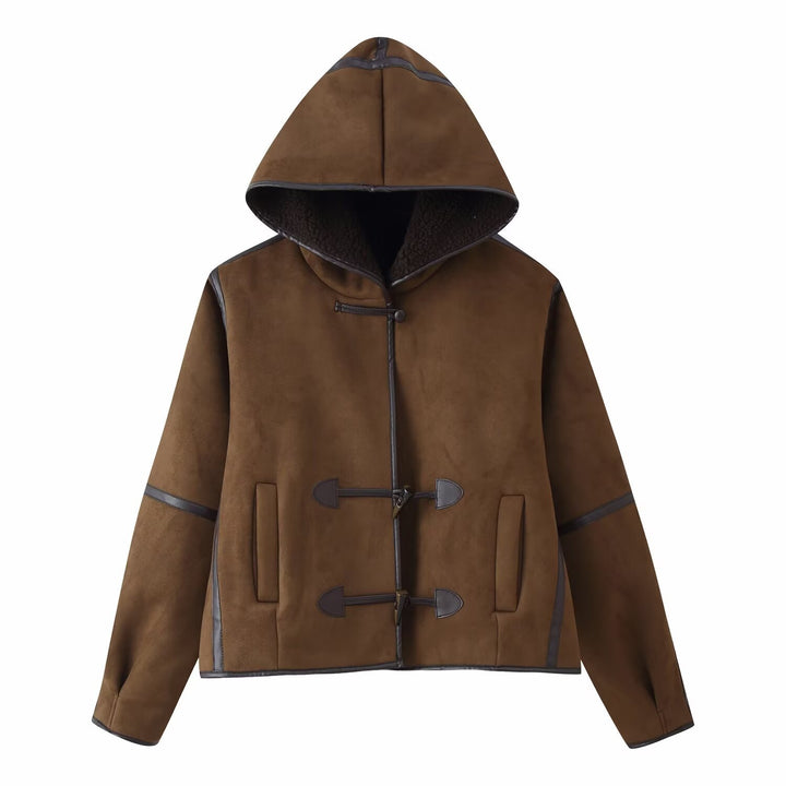 Women's Short Hooded Sheepskin Imitation Duffle Jacket with Toggle Fastenings Mune Fashion