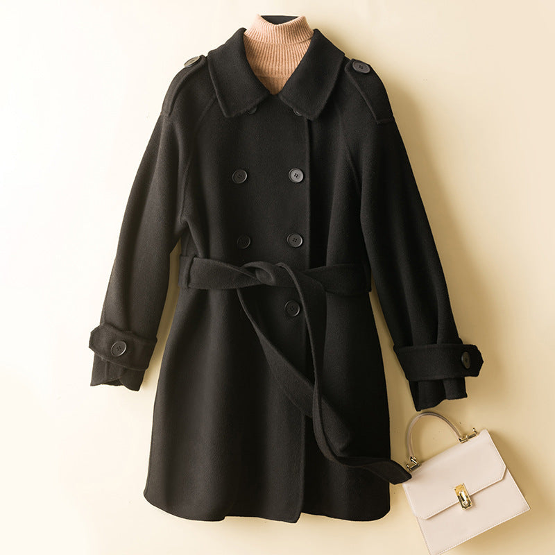 Women's Double-Breasted Wool Blend Coat with Waist Belt, Epaulettes and Adjustable Cuffs Mune Fashion