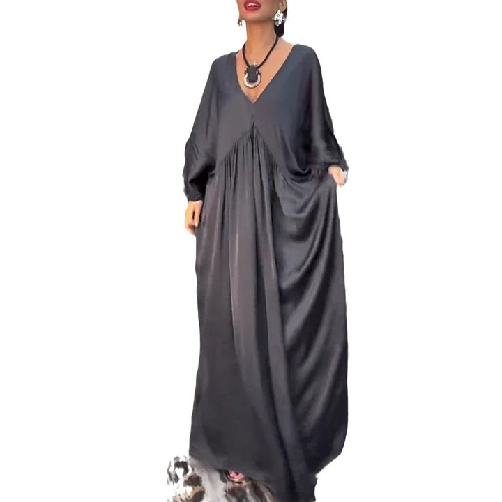 Women's satin look kaftan maxi dress with V-neck, gathered empire seam, and ruffled sleeves Mune Fashion