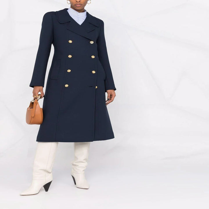 Women's Tailored A-Line Coat with Double Breasted and Distinctive Metal Buttons Mune Fashion