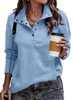 Women's sweat pullover with stand-up collar button placket and kangaroo pocket Mune Fashion