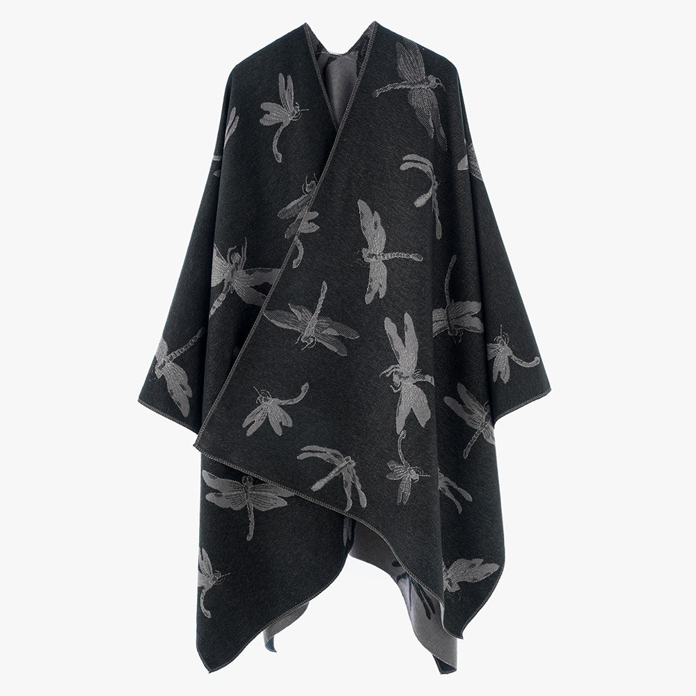 Ladies Reversible Jacquard Poncho with Dragonfly Pattern Mune Fashion