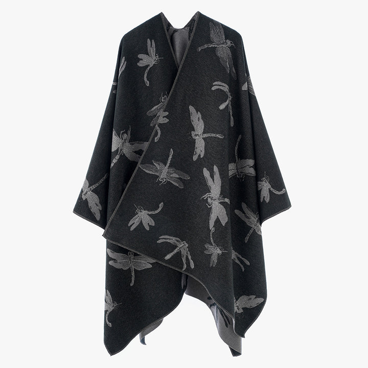 Ladies Reversible Jacquard Poncho with Dragonfly Pattern Mune Fashion