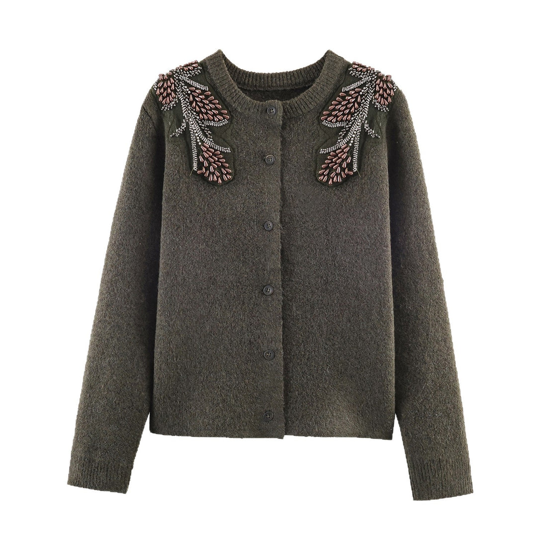 Ladies Short Boucle Cardigan with Bead and Bead Appliqué on the Shoulders Mune Fashion