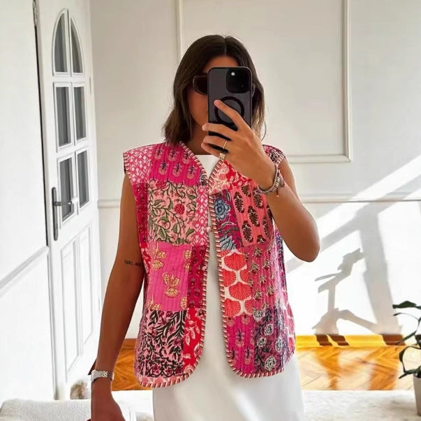 Ladies Quilted Waistcoat with Toile Print, Striped Lining and Drawstring Mune Fashion