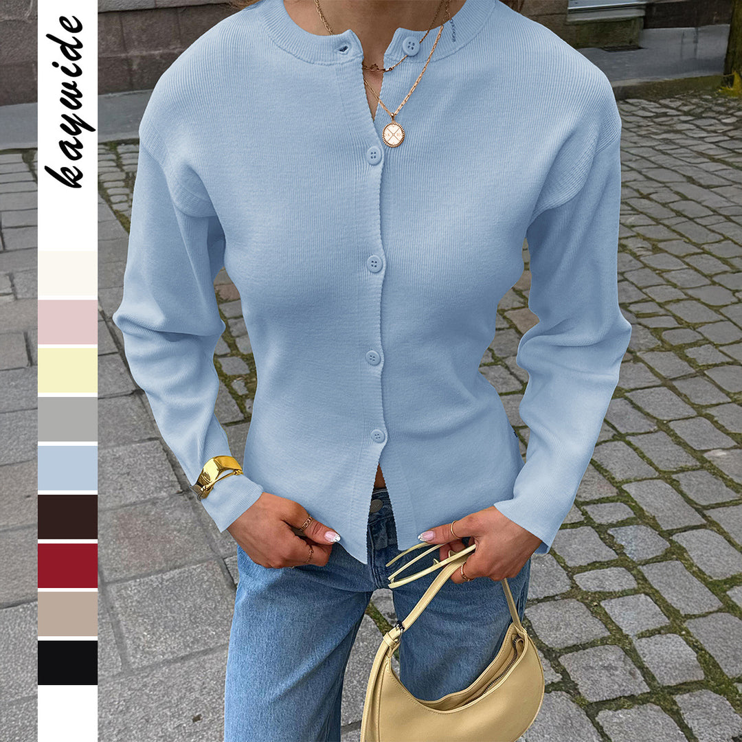 Women's fitted cardigan with asymmetric button placket and round neck Mune Fashion