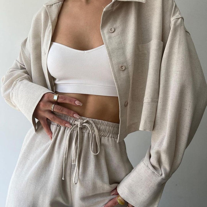 Ladies Linen Look Loungewear Set with Cropped Overshirt and High Waist Drawstring Pants Mune Fashion