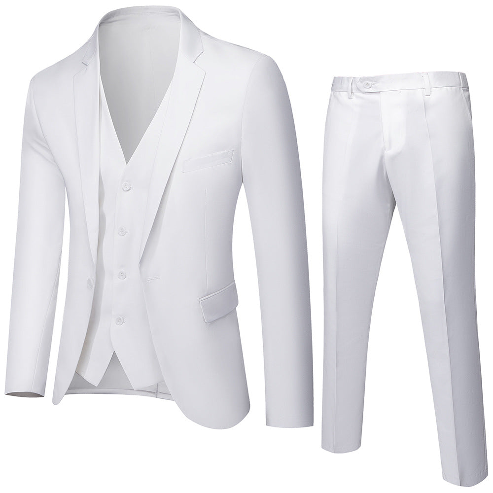 Men's three-piece business suit set with tailored single-breasted jacket, slim fit waistcoat, and elegantly cut suit pants Mune Fashion