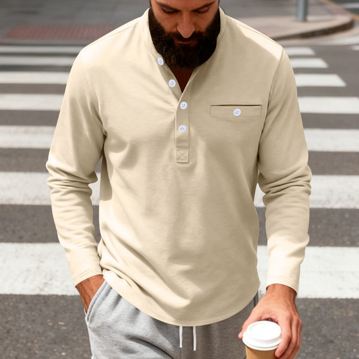 Men's long-sleeved Henley shirt with stand-up collar, breast pocket, and decorative button placket Mune Fashion