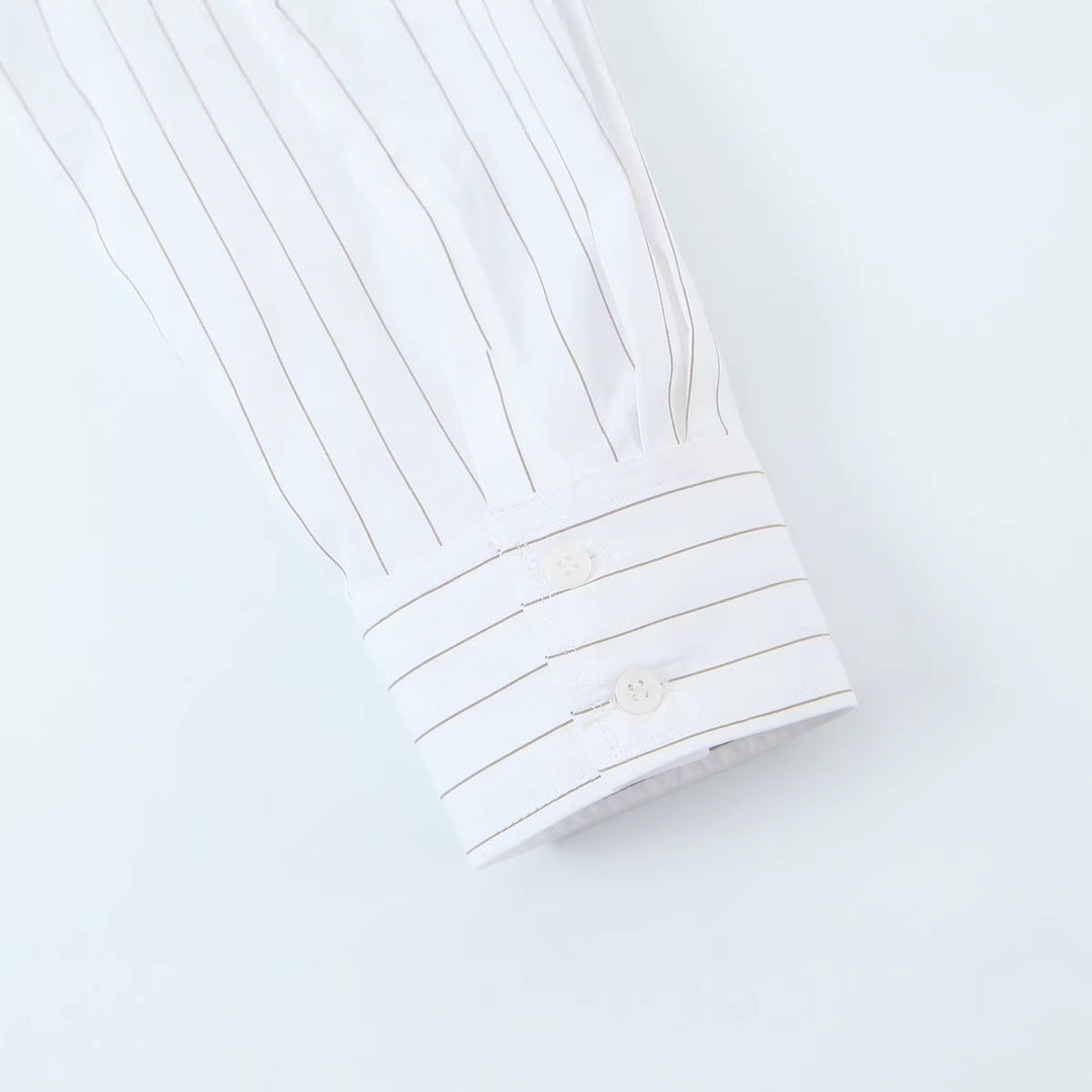 Women Bow Collar Blouse with Fine Pinstripe and Loose Silhouette Mune Fashion