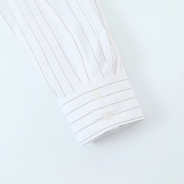 Women Bow Collar Blouse with Fine Pinstripe and Loose Silhouette Mune Fashion