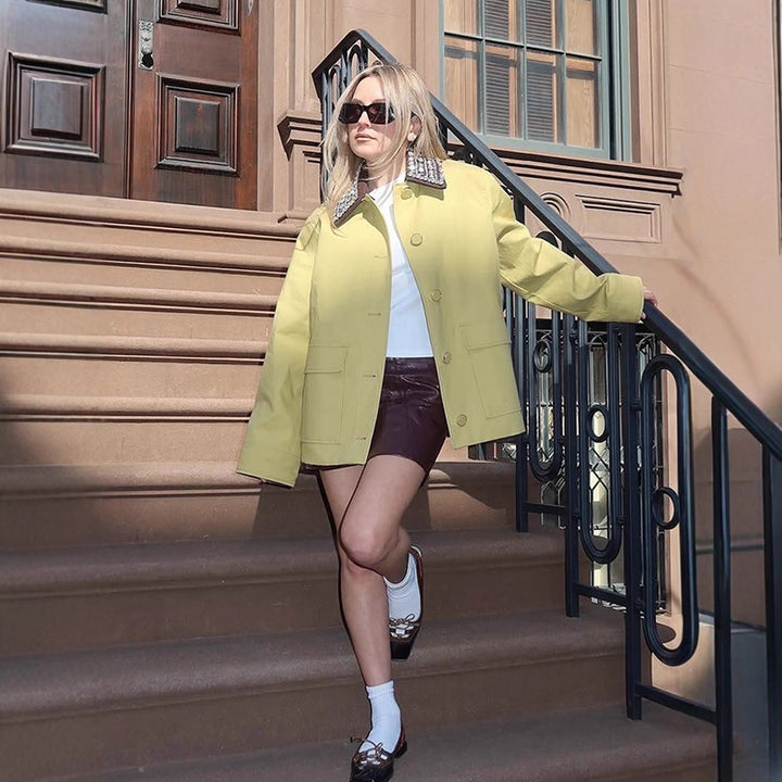 Women's Boxy Transitional Jacket with Embellished Decorative Collar and Patch Pockets Mune Fashion
