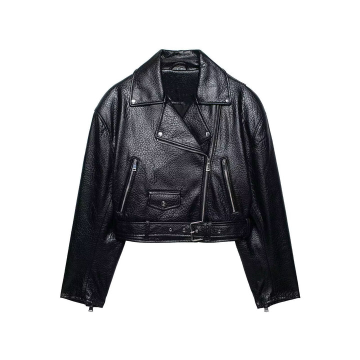 Women short-cut biker jacket in leather look with waist belt Mune Fashion