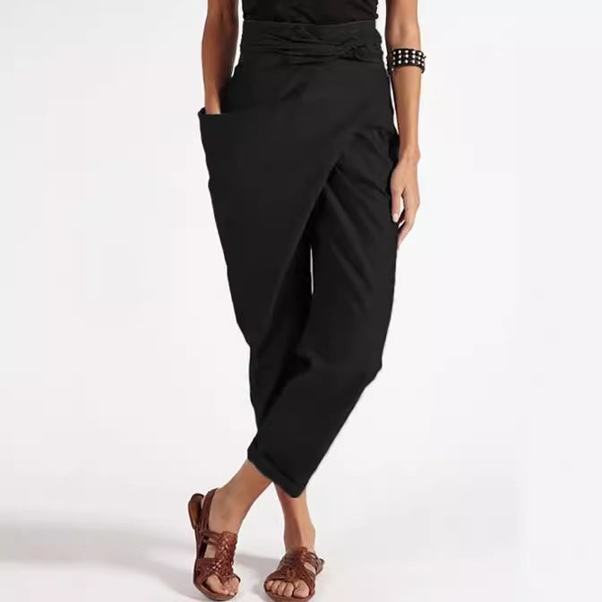 Women's wrap pants made of linen blend with high waistband, overlapping front and generous side pocket Mune Fashion