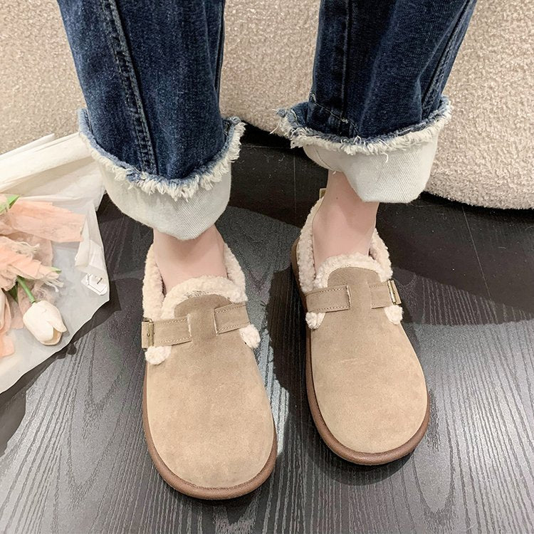 Women's Fleece Lined Velour Imitation Slippers with Adjustable Buckle Strap Mune Fashion