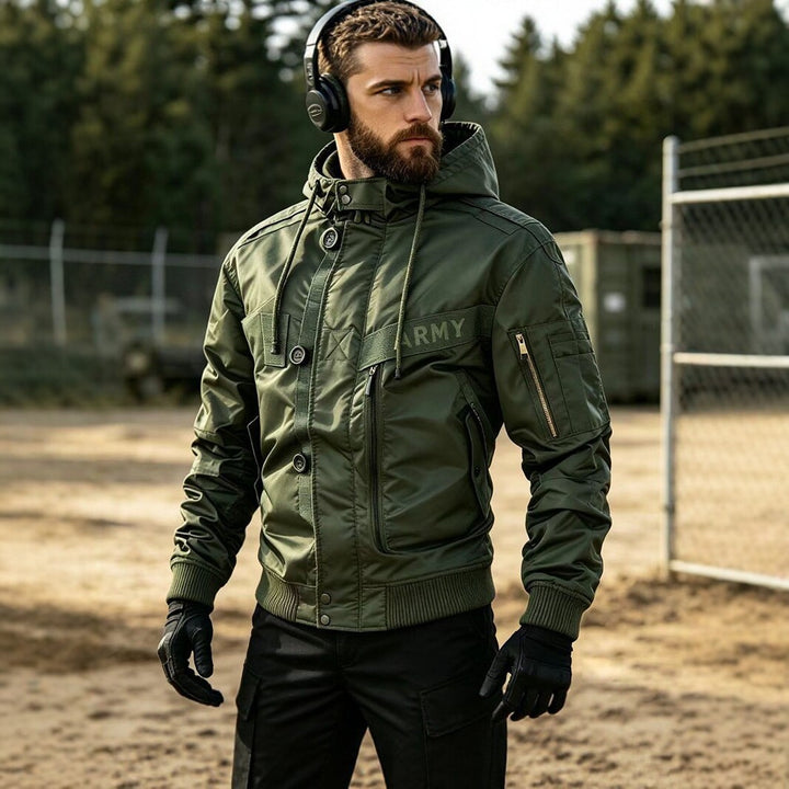 Men's Military-Inspired Hooded Bomber Jacket with Utility Pockets Mune Fashion
