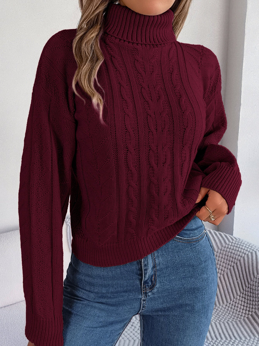 Mune | Women's Cozy Knit Sweater with Stand-Up Collar and Cable Pattern