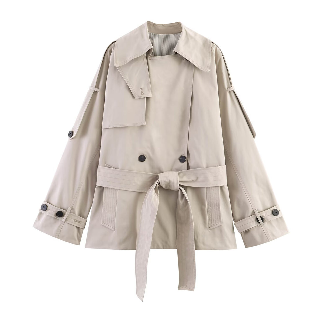 Women's Short Oversized Trench Coat with Belt and Cape Detail Mune Fashion