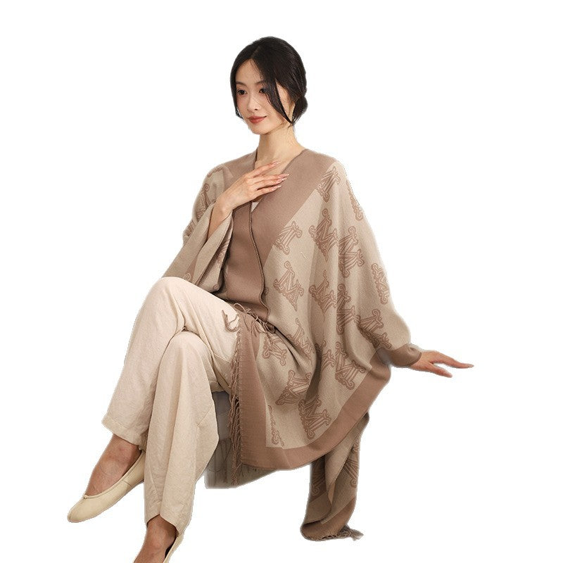Women's Jacquard Monogram Cape with Open Sides and Fringes