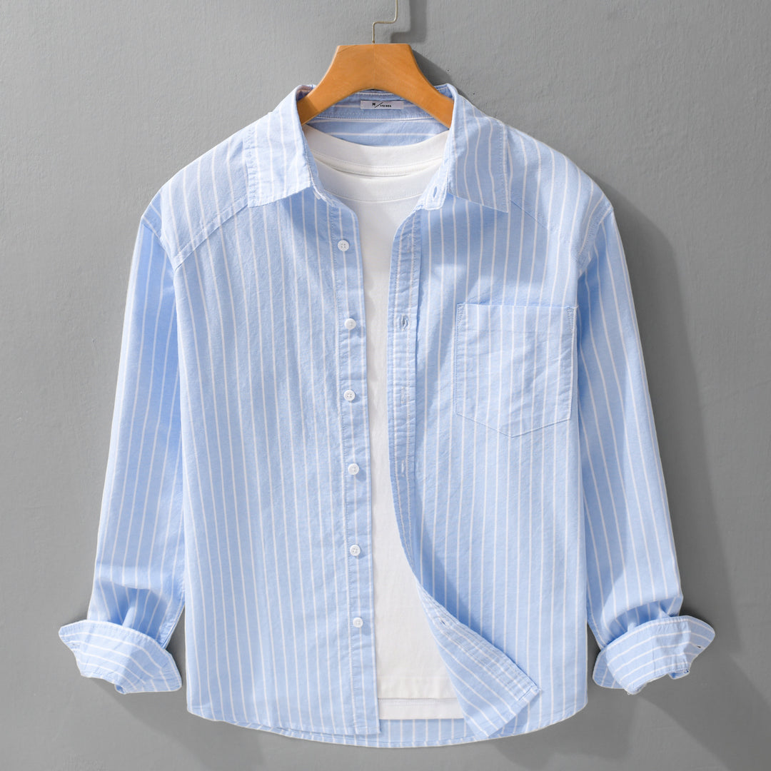 Men's pinstripe layering shirt jacket made of lightweight cotton blend with chest pocket Mune Fashion