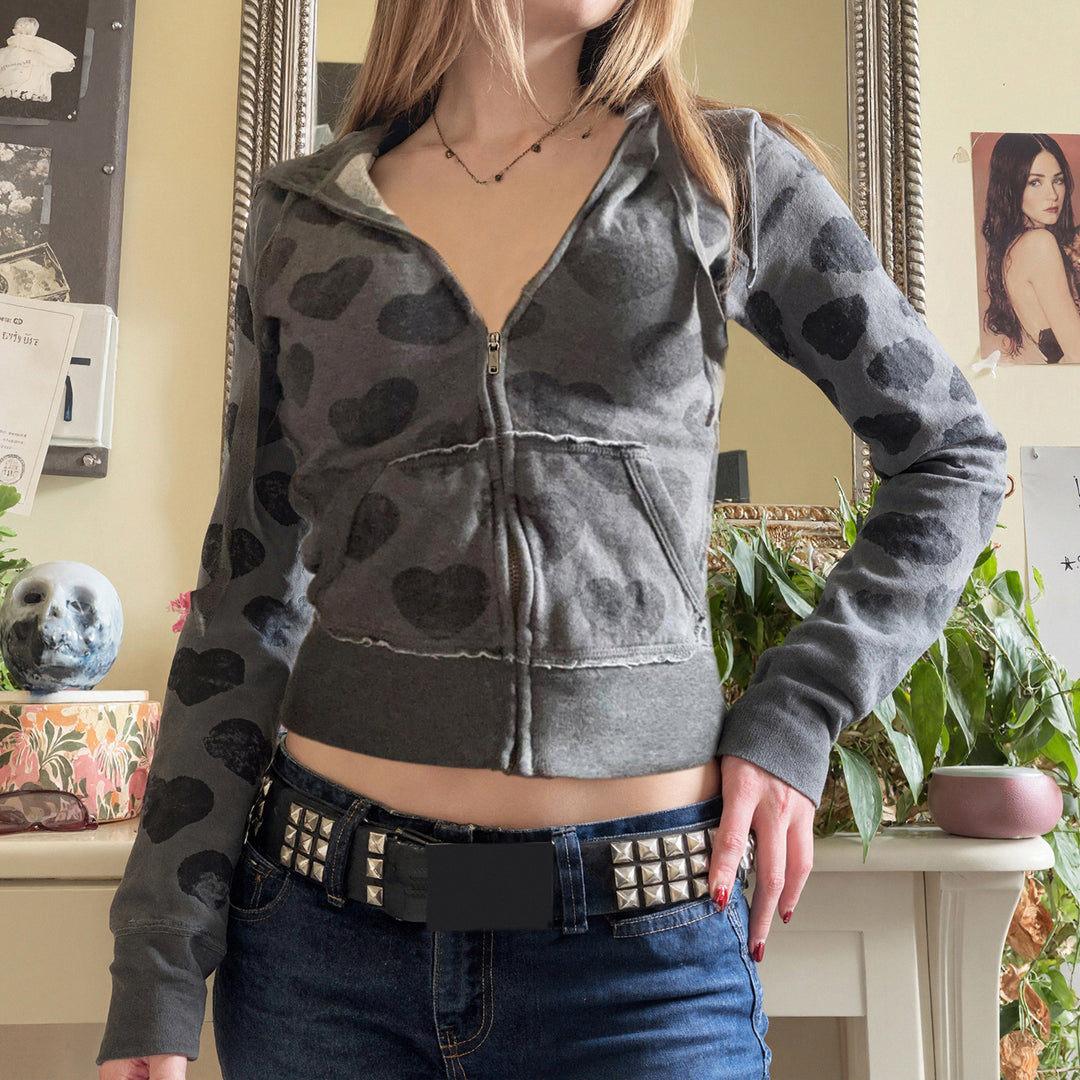 Women's Short Zip Hoodie with Kangaroo Pocket and Allover Heart Pattern Mune Fashion