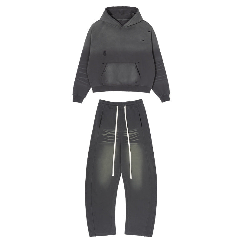 Men's Loose Distressed Sweatset with Cropped Hoodie and Baggy Jogging Pants Mune Fashion