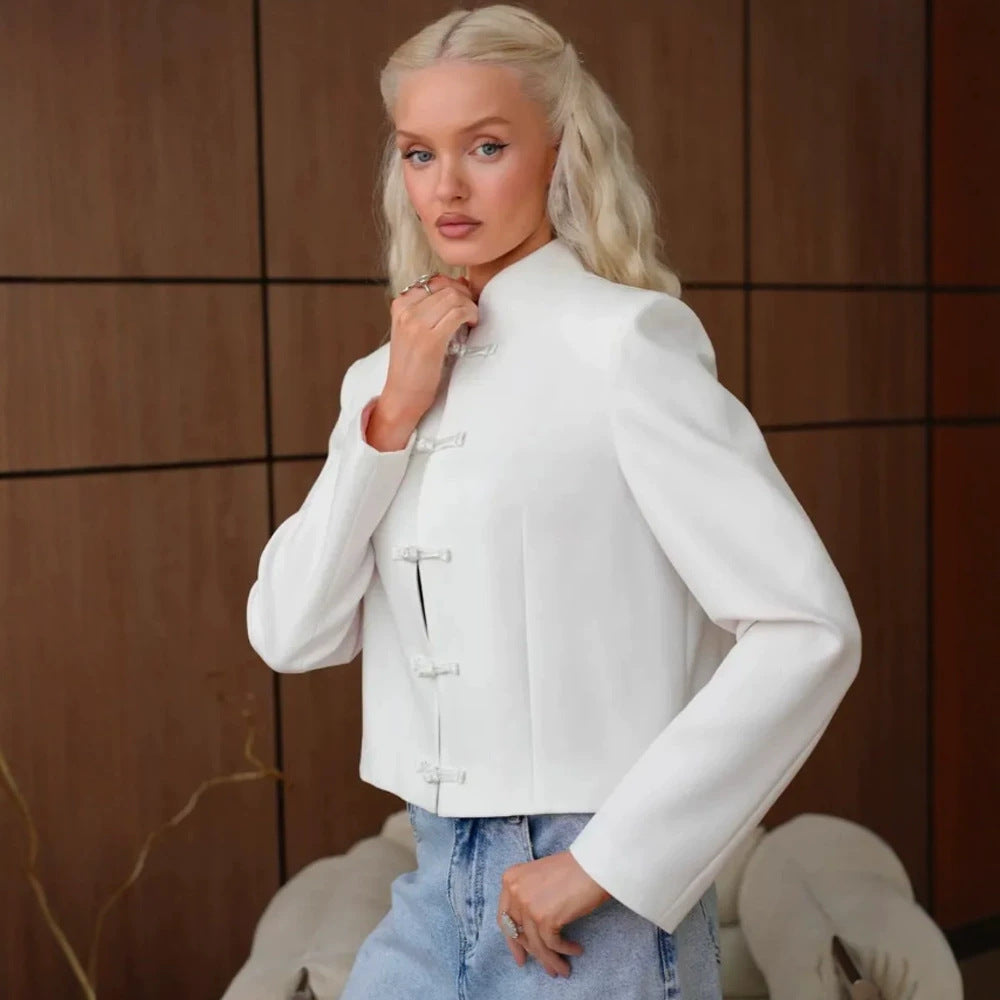 Women's Short Blazer with Mandarin Collar and Decorative Knot Closures Mune Fashion