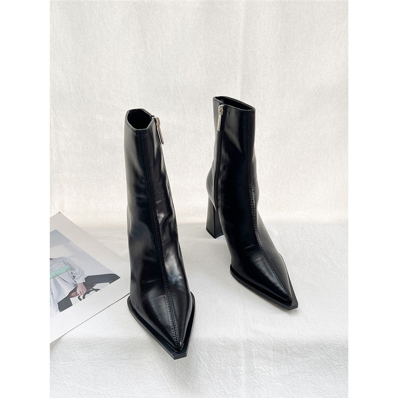 Women's Elegant Pointed Ankle Boots with Geometric Block Heel and Slim Shaft Cut Mune Fashion