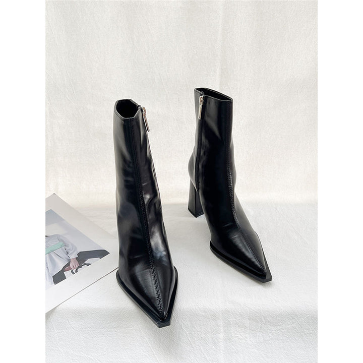 Women's Elegant Pointed Ankle Boots with Geometric Block Heel and Slim Shaft Cut Mune Fashion