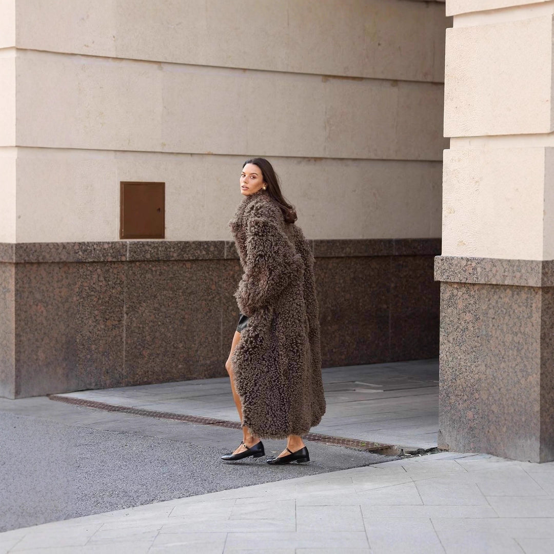 Women's Maxi Long Curly Teddy Coat in Sheepskin Look Mune Fashion