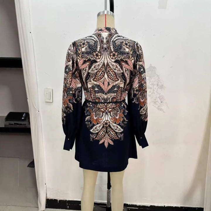 Women's Patterned Tunic Dress with Ties, Stand Collar and Balloon Sleeves Mune Fashion