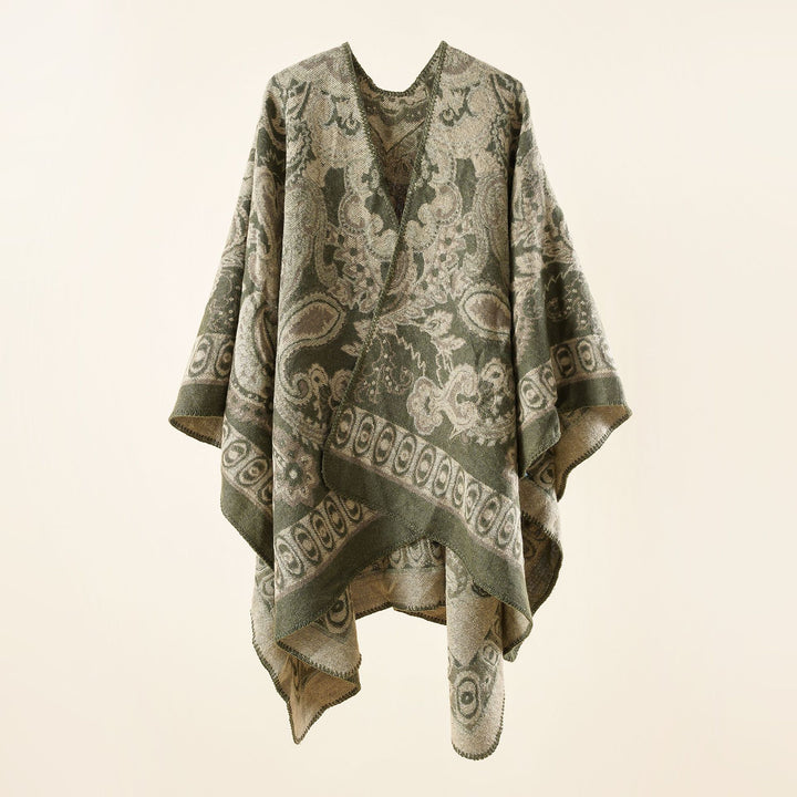 Women’s jacquard-woven oversized ruana with ornamentation and open kimono fall drape