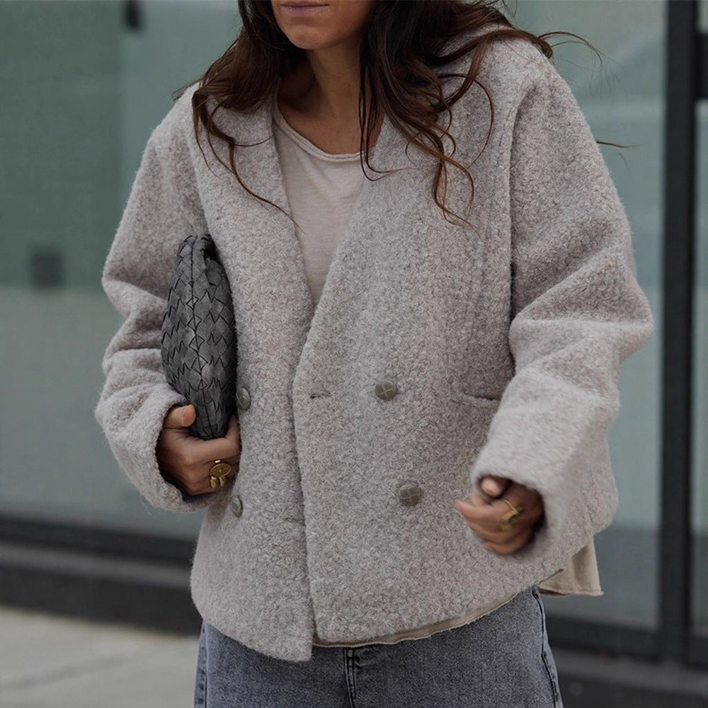 Women Short Teddy Jacket with Double Button Closure and V-Neck Mune Fashion