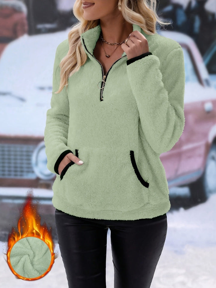 Women nan cuddly teddy fleece pullover with half zipper and kangaroo pocket Mune Fashion