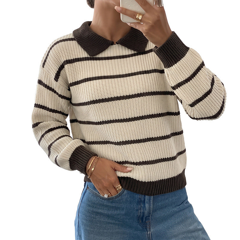 Ladies Fashionable Knit Sweater with Collar and Block Stripes Mune Fashion