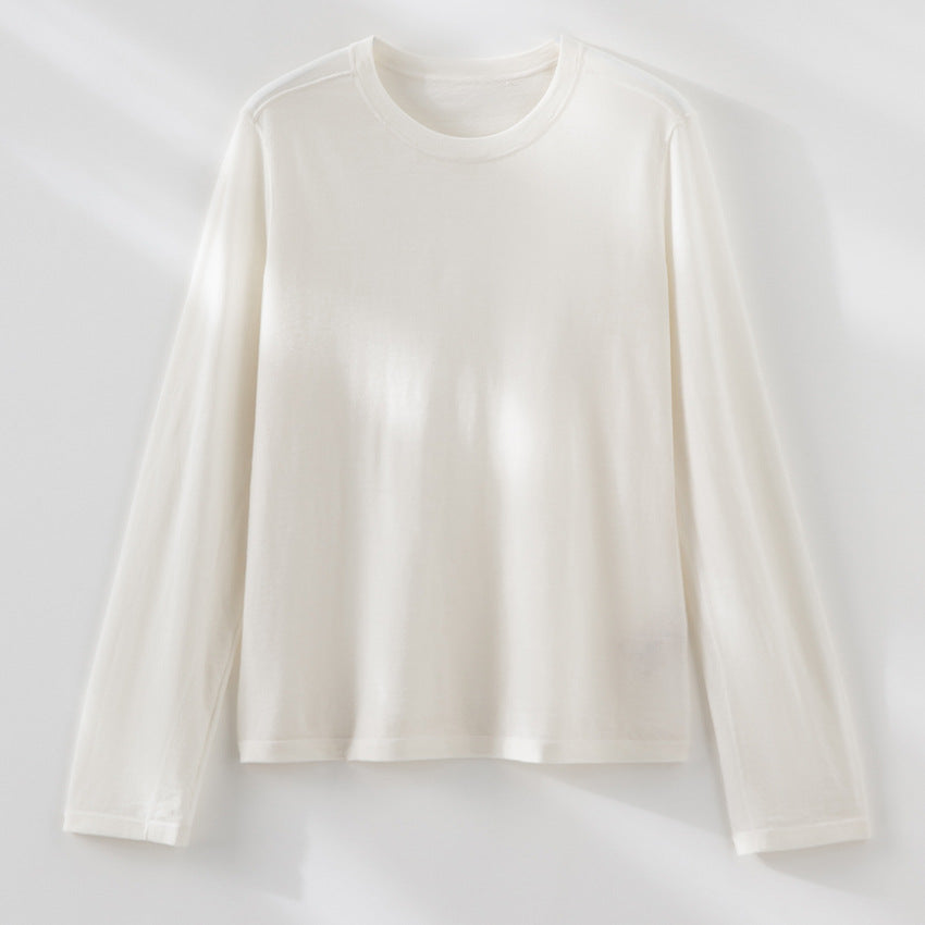 Women Fine Long Sleeve Fine Knit Shirt with Round Neckline and Straight Silhouette Mune Fashion
