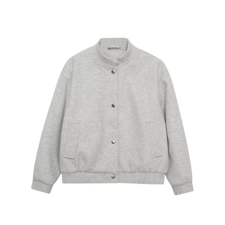 Women's Boxy Wool Blend Bomber Jacket with Ribbed Collar, Snap Buttons, and Side Pockets Drune