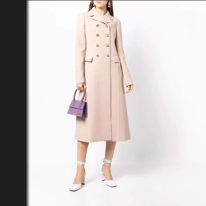 Women Tailored Double-Breasted Wool Blend Coat with Delicate Decorative Buttons and Flap Pockets Mune Fashion