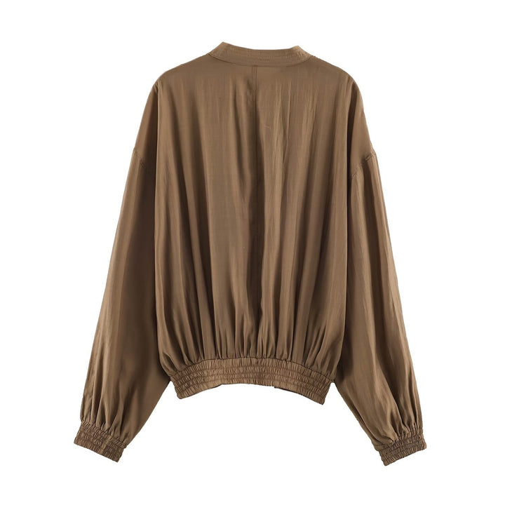 Women's Light Pleated Blouson Jacket with Stand-up Collar and Smocked Waist Mune Fashion
