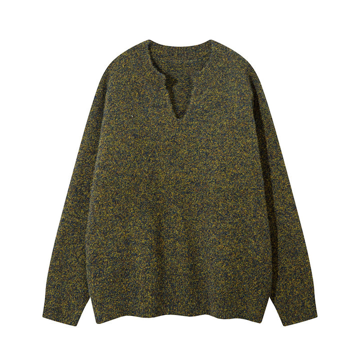 Unisex Oversize Knit Sweater with Short V-Slit Collar Mune Fashion