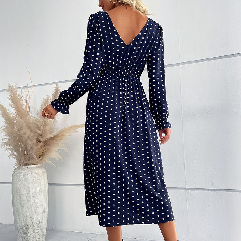 Women's Polka Dot Midi Dress with Ruffled Waist and Balloon Sleeves Mune Fashion