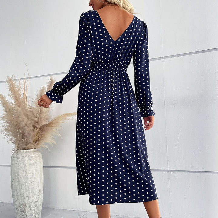 Women's Polka Dot Midi Dress with Ruffled Waist and Balloon Sleeves Mune Fashion