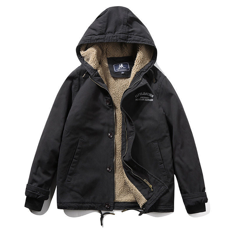 Men's Hooded Canvas Parka with Teddy Lining and Windproof Front Mune Fashion