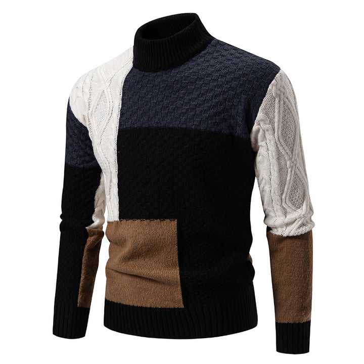 Men's knitted pullover with structured patchwork, high collar and combined knit patterns Mune Fashion