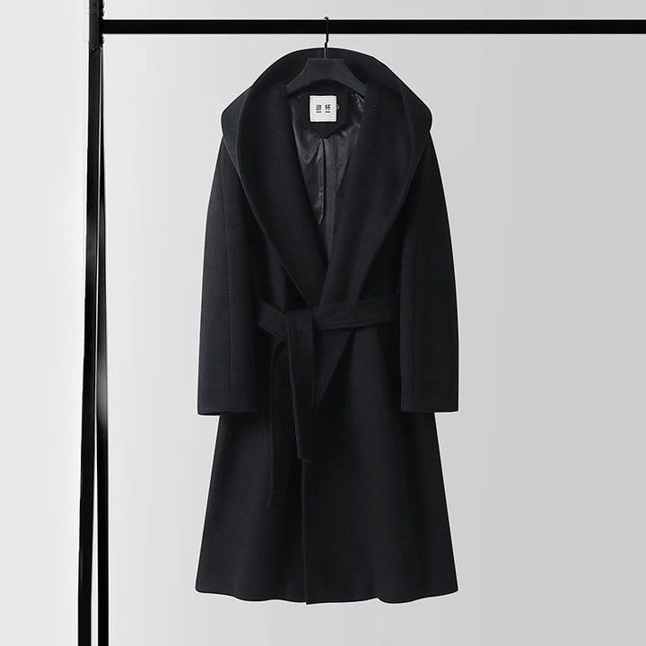 Men's maxi-length hooded coat made of wool blend with tie belt and boxy silhouette Mune Fashion