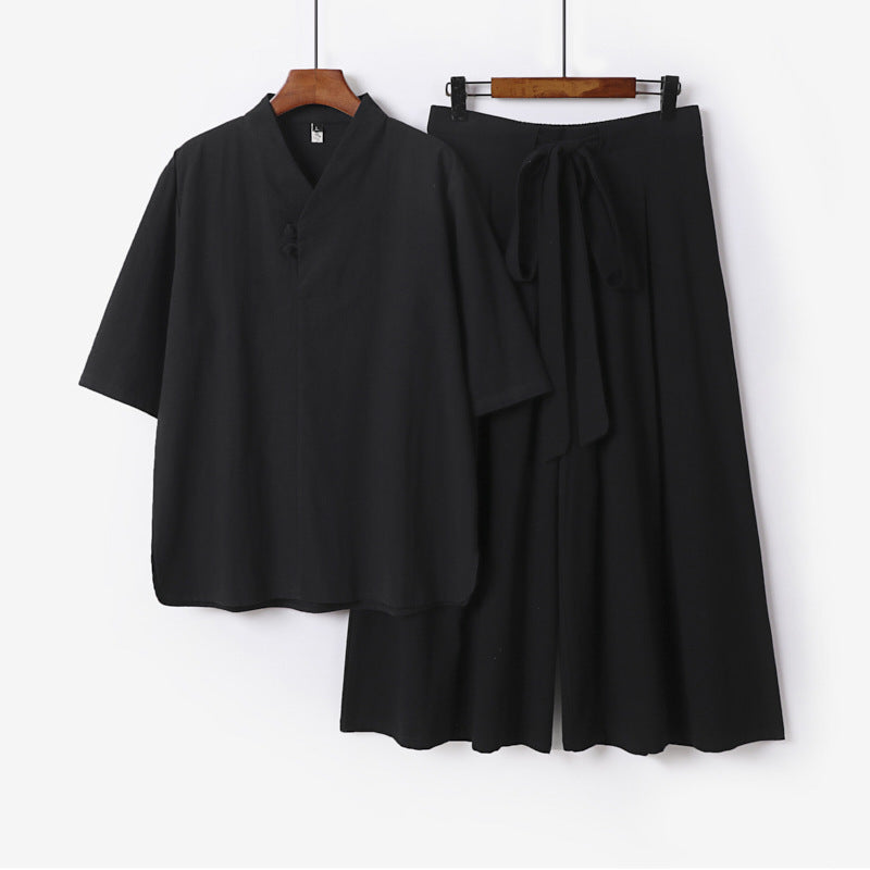 Unisex Two-Piece Kimono Lounge Set with Stand Collar Short Sleeve Top and Loose Tie Waist Pants Mune Fashion