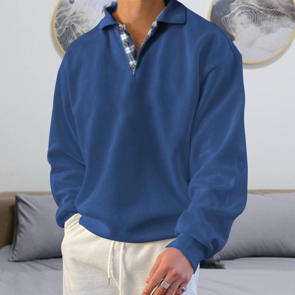 Men's casual long sleeve polo with open V-neck, shirt collar, and check inside placket Mune Fashion