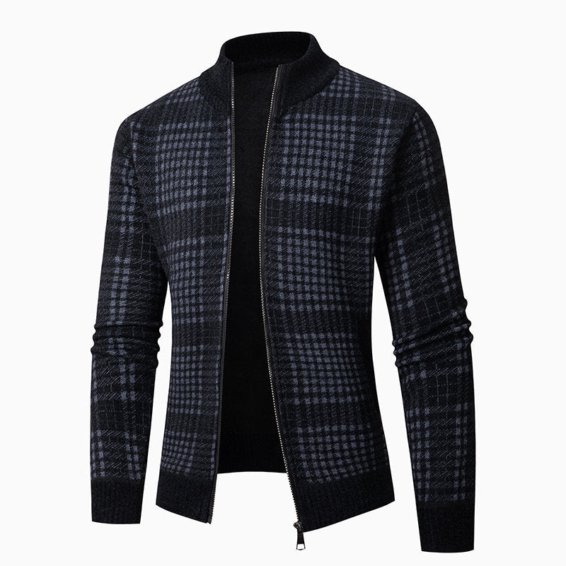 Men's fine knit zip cardigan with glencheck pattern, stand-up collar and two-way zipper Mune Fashion