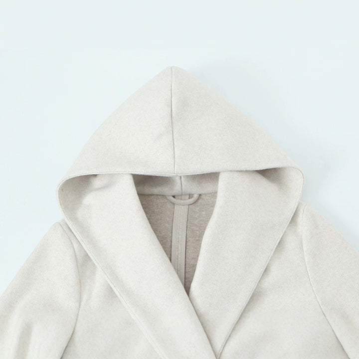 Women's Longer Tailored Coat with Hood, Tie Belt and Double-Breasted Button Placket Mune Fashion