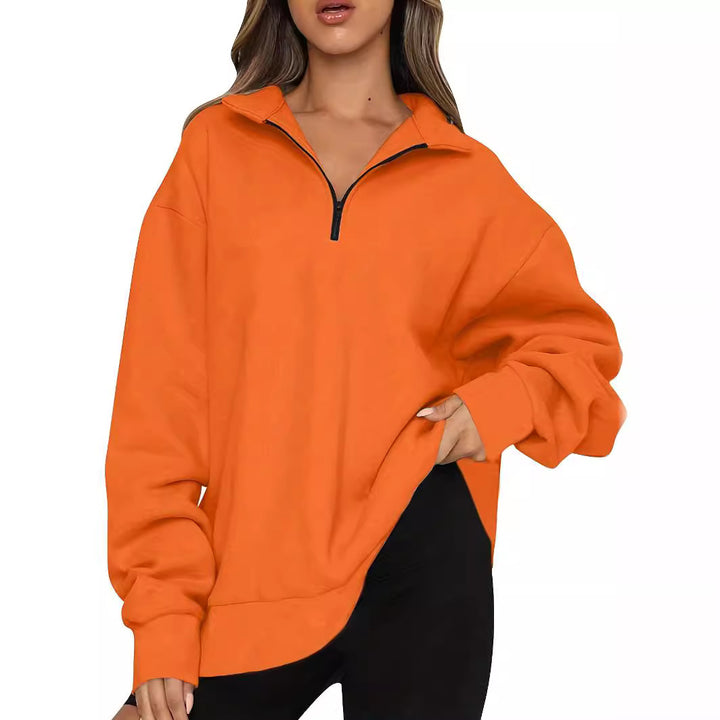 Women nan Oversized Sweatshirt with Short Zip, Stand-up Collar and Kangaroo Pocket Mune Fashion